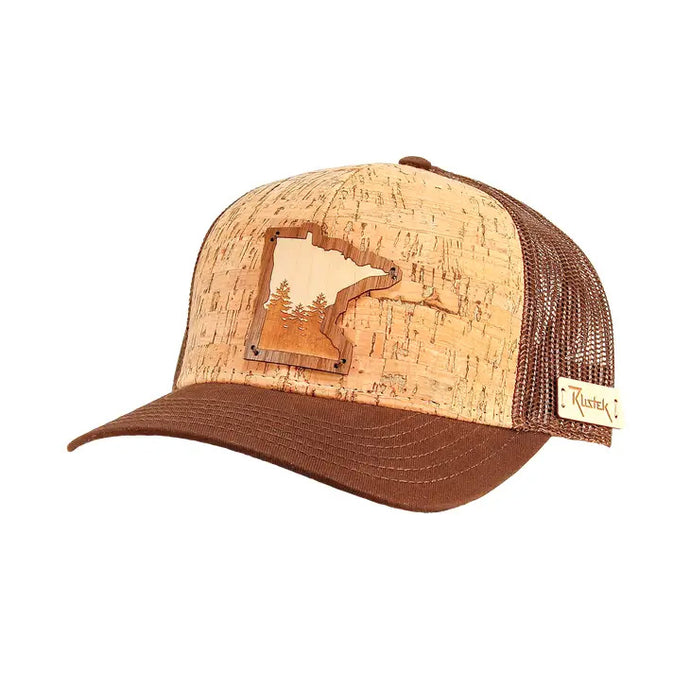 Cork hat with wooden minnesota cut out sewn to front