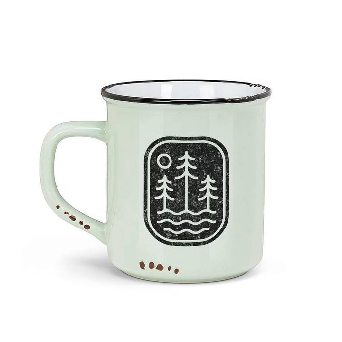 Light aqua stoneware mug that has trees on lake design screenprinted in black