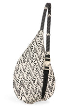 Load image into Gallery viewer, back of Kavu mini rope bag that is white and black with geometric design and climbing rope strap
