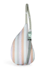 Load image into Gallery viewer, back of bag with vertical colorful stripes and one should clip strap made out of climbing rope
