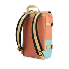 Load image into Gallery viewer, back of rover mini backpack that has orange back, and gold and black straps
