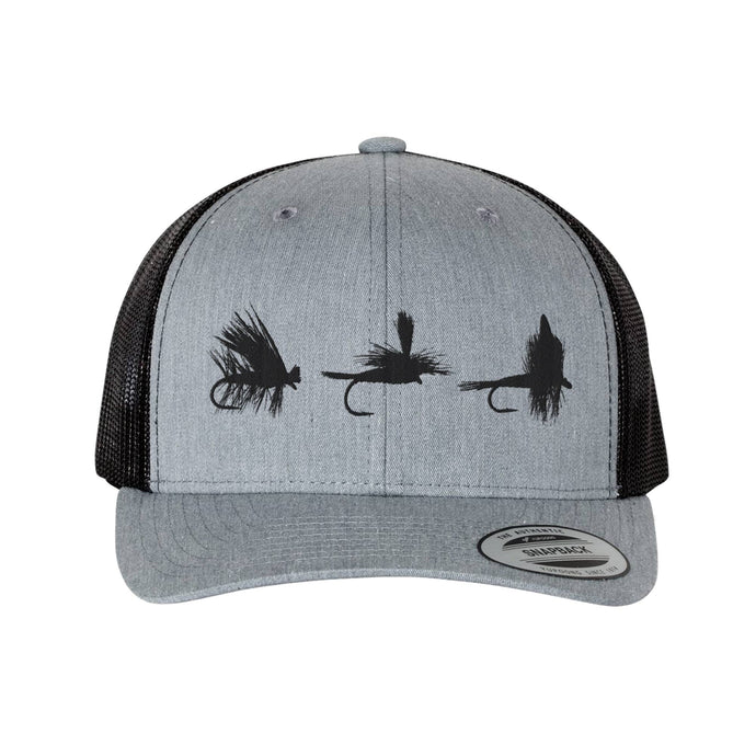 grey and black snapback with three fly fishing flies embroidered on front