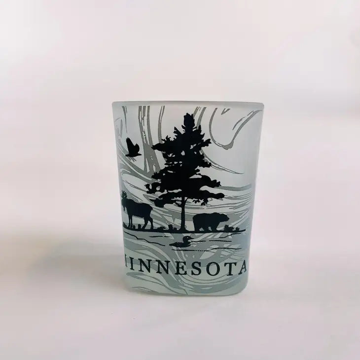 Minnesota shot glass with tree, moose, loon, bear, and eagle