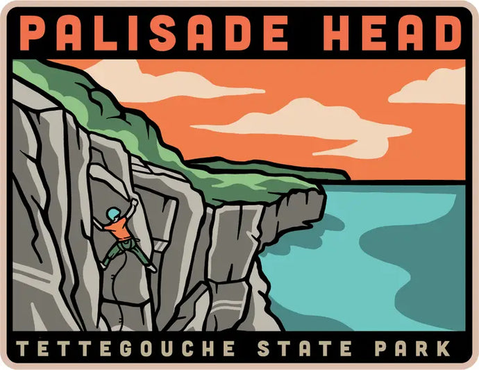 Magnet that says palisade head and tettegouche state park. Shows a climber on a rock rising up from Lake Superior.