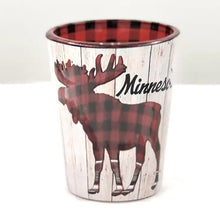 Load image into Gallery viewer, buffalo plaid moose Minnesota shot glass. Inside is buffalo plaid.
