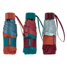 Load image into Gallery viewer, Mini folding umbrella in teal/orange, teal/maroon, and maroon/silver
