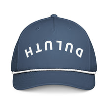 Load image into Gallery viewer, blue cap with white rope that says Duluth upside down &amp; backwards
