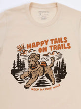 Load image into Gallery viewer, close up of graphic that says happy tails on trails with dog running outside on t-shirt
