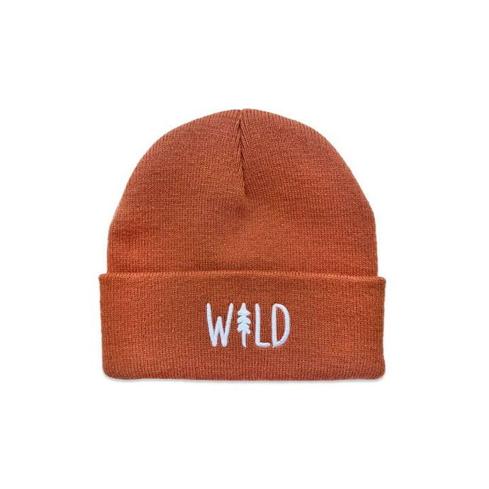 Brown beanie with 'WILD' embroidery on a white background