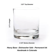 Load image into Gallery viewer, plain whiskey glass with dimensions listed
