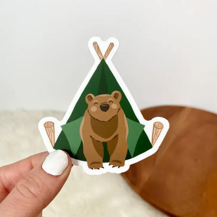 Sticker with bear sticking head out of tent