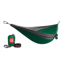 Load image into Gallery viewer, Grand Trunk double deluxe hammock in forest green and grey/charcoal
