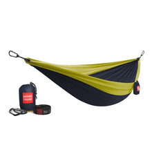 Load image into Gallery viewer, Grand Trunk double deluxe hammock in navy and chartreuse
