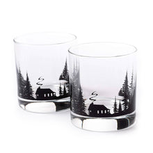 Load image into Gallery viewer, two whiskey glasses with cabin and trees etch
