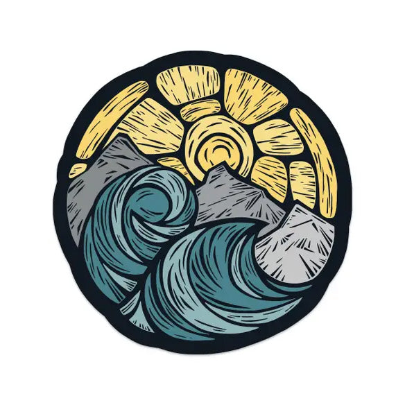 Sticker with sun, mountains, and waves