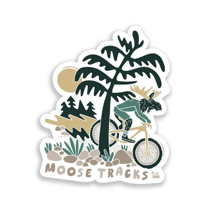 Sticker of a moose riding a bike that says moose tracks