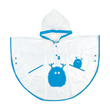 Load image into Gallery viewer, Clear kids poncho with blue monster and blue buttons
