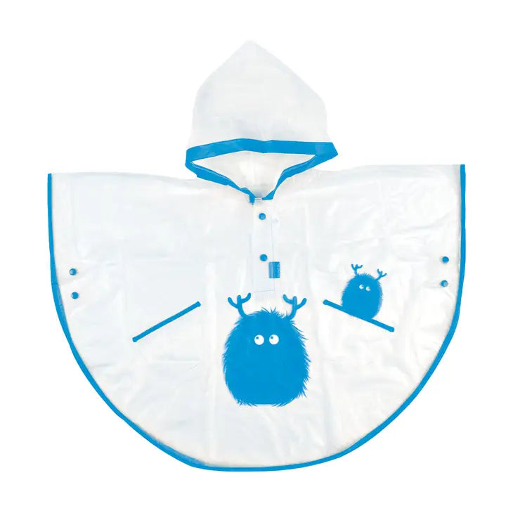 Clear kids poncho with blue monster and blue buttons