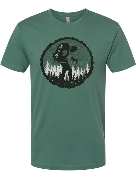 Hiker in stump green t-shirt