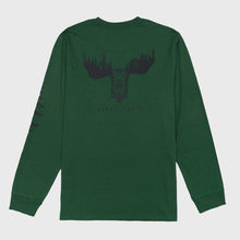 Load image into Gallery viewer, Green long sleeve with Moose and tree design on back
