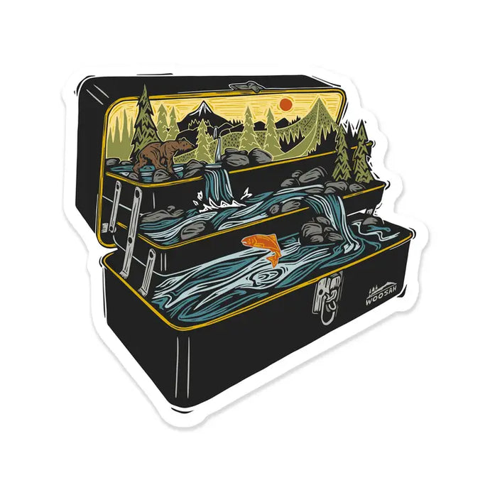 Tackle box sticker shows woodland scene filling the tackle box