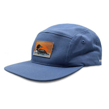 Load image into Gallery viewer, Side view of blue camp hat with loon patch

