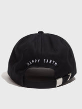 Load image into Gallery viewer, black hat with happy earth embroidered over back
