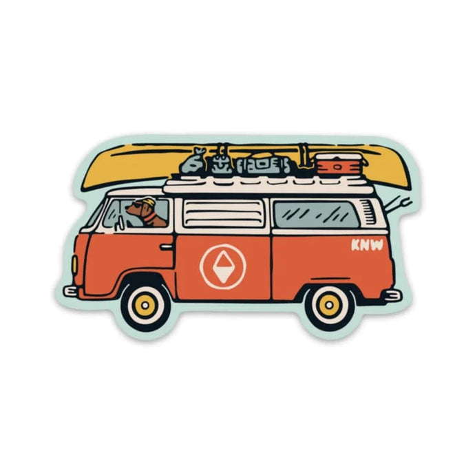 Born to roam sticker with dog in sprinter van and canoe and camping gear on top