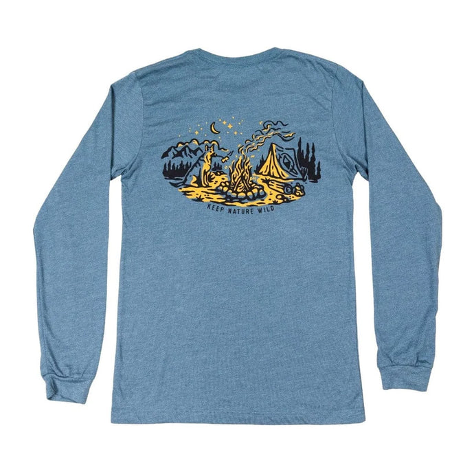 Keep Nature Wild blue longsleeve dog sitting by the campfire