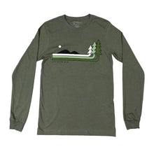 Load image into Gallery viewer, Olive long sleeve that has a hill and three threes. Says Keep Nature Wild
