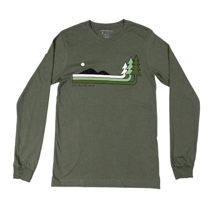 Olive long sleeve that has a hill and three threes. Says Keep Nature Wild