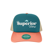 Load image into Gallery viewer, teal and coral hat that says lake superior vibes on it
