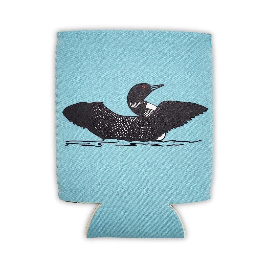 light blue can cooler with a loon on it