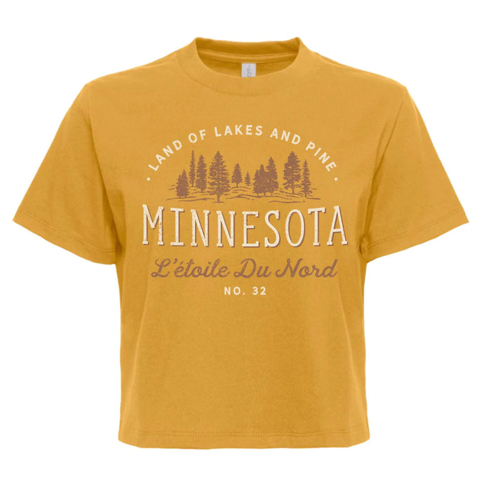 gold cropped tee that says land of lakes and pines, Minnesota, L'etoile Du Nord