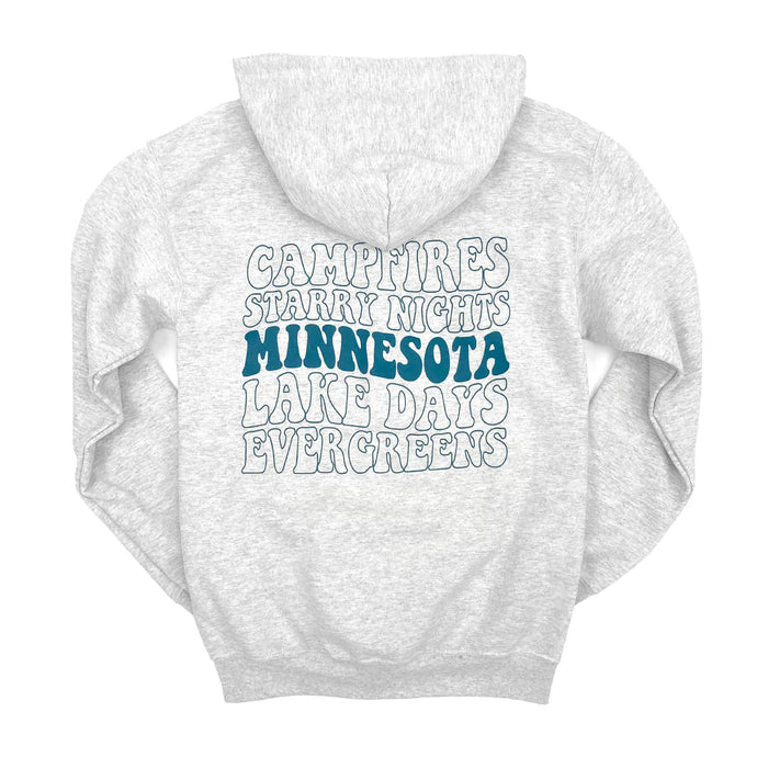 Grey zip up sweatshirt with Campfires, Starry Nights, minnesota, Lake Days, Evergreens on the back