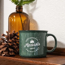 Load image into Gallery viewer, Green mug on a shelf next to pinecone

