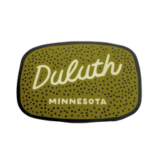 Load image into Gallery viewer, green sticker that says Duluth Minnesota in tan text with navy polka dots
