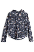 Load image into Gallery viewer, Wildflower sunshade hoodie is navy with pink and light blue flowers
