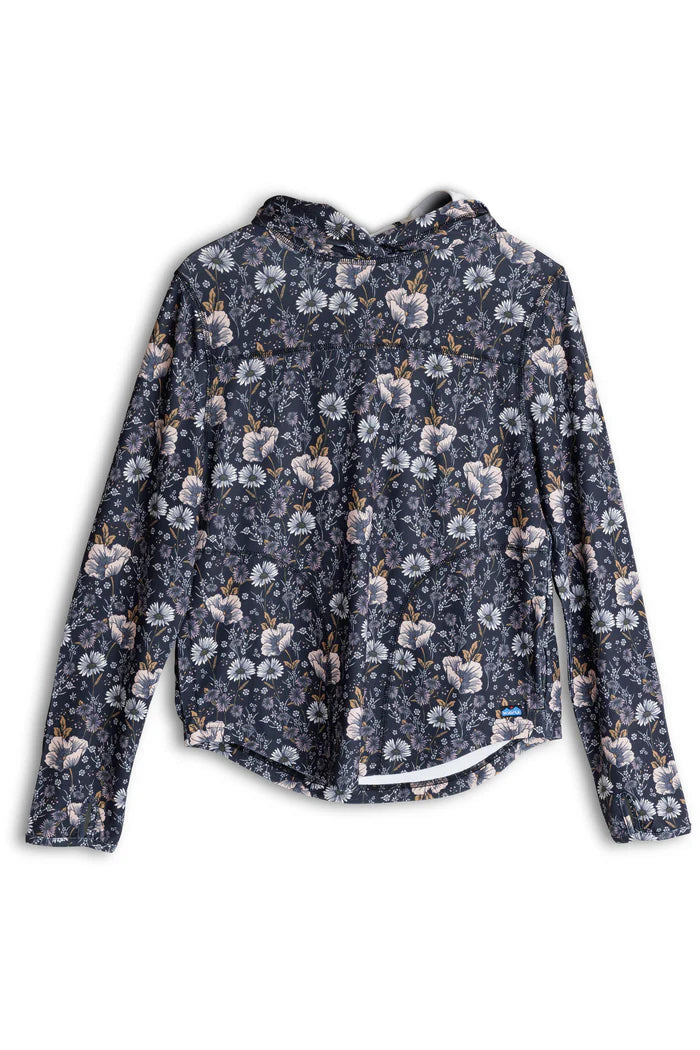 Wildflower sunshade hoodie is navy with pink and light blue flowers
