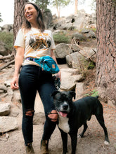 Load image into Gallery viewer, woman standing outside with her dog wearing dog hiking t-shirt
