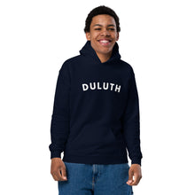 Load image into Gallery viewer, boy smiling in navy hooded sweatshirt that say Duluth
