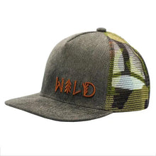 Load image into Gallery viewer, Camo mesh hat that says Wild with tree as I and D
