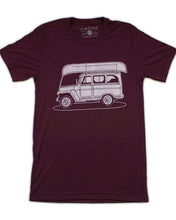 Load image into Gallery viewer, Maroon t-shirt with jeep and canoe on top
