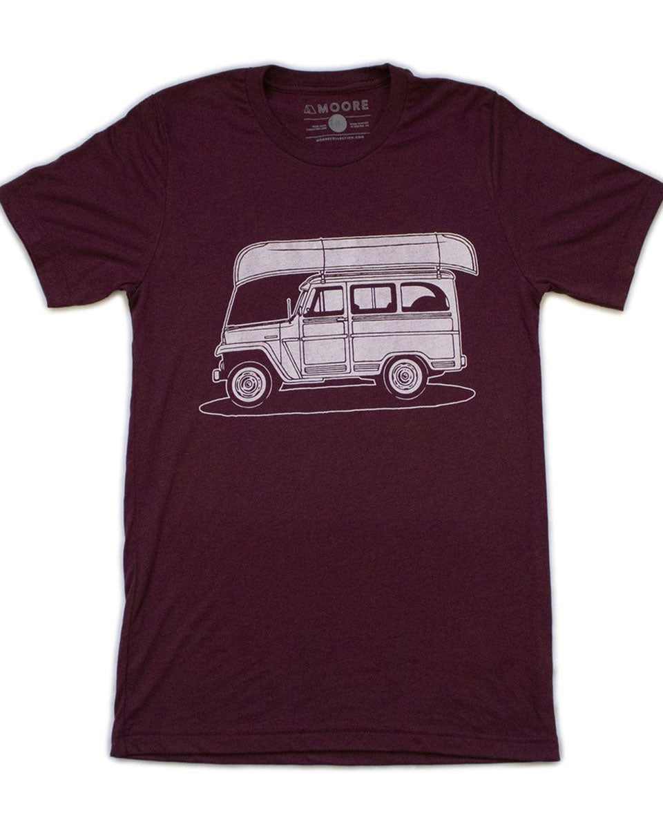 Maroon t-shirt with jeep and canoe on top