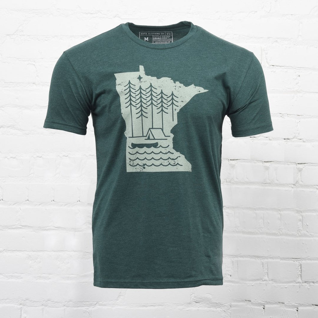 Green t-shirt with minnesota cut-out and trees, tent, and canoe on inside of state
