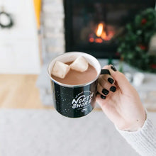 Load image into Gallery viewer, Black North Shore mug of hot cocoa with two marshmallows

