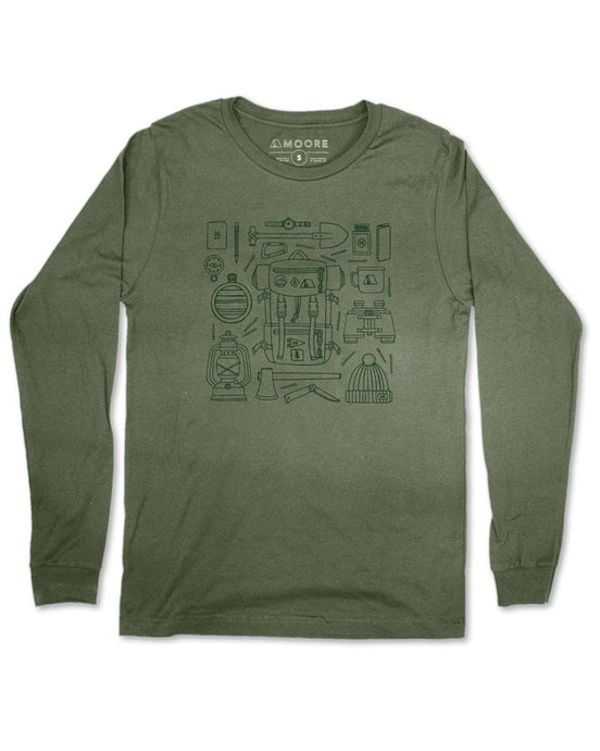 Green long sleeve shirt that has camping essentials on the front