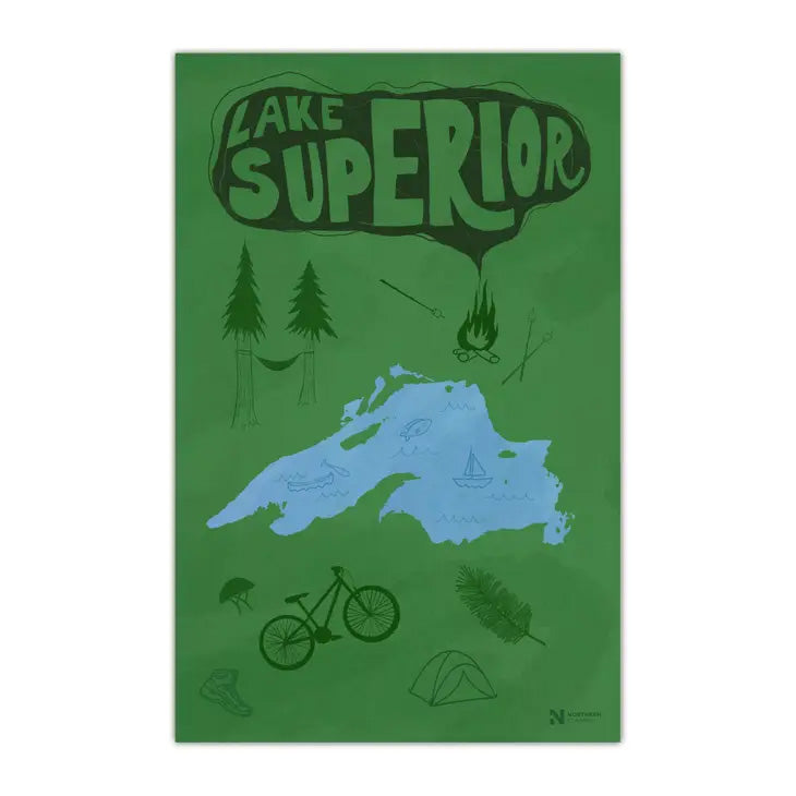 Lake Superior poster with bike, campfire, hammock, tent
