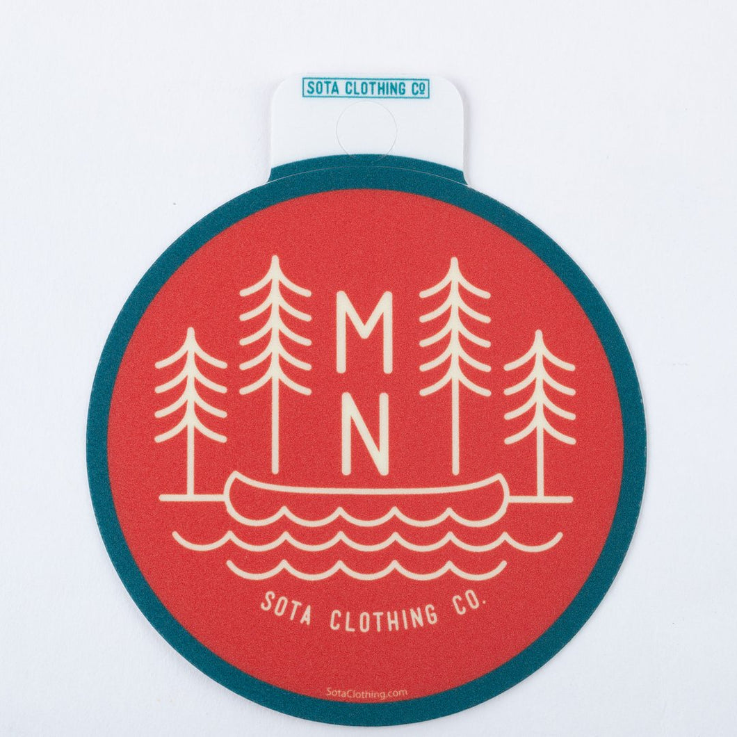 Red sticker with canoe and MN trees