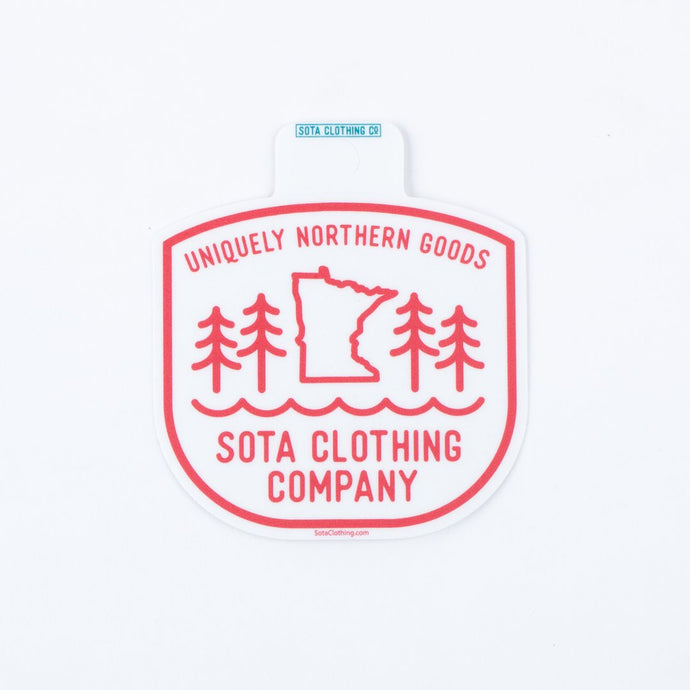 Red and whtie Sota clothing company sticker